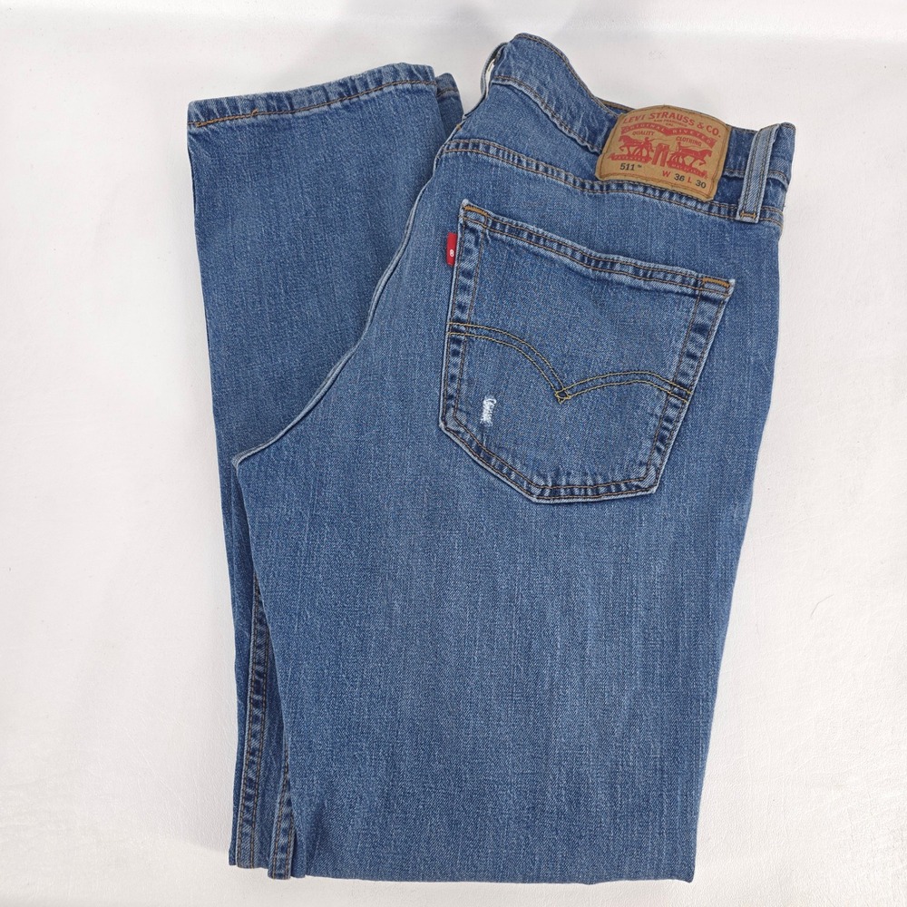 Levi's 511 Denim Jeans Mens 36x30 Faded Stretch Medium Wash Whiskers Distressed